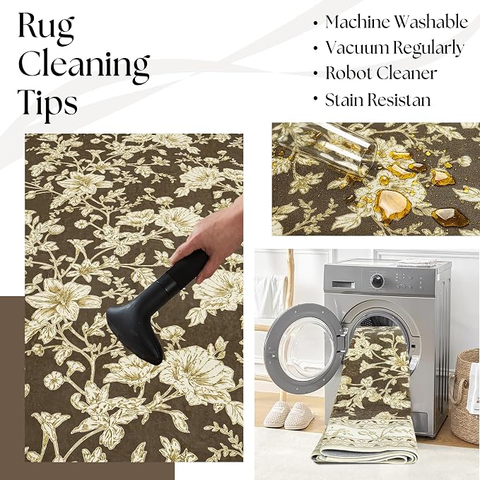 Brown Floral Print Area Rugs for Bedroom Living Room Boho Farmhouse Country Rustic Dining Room Carpet Soft Washable Rugs Non Slip Floor Covering for Nursery Playroom 7x9