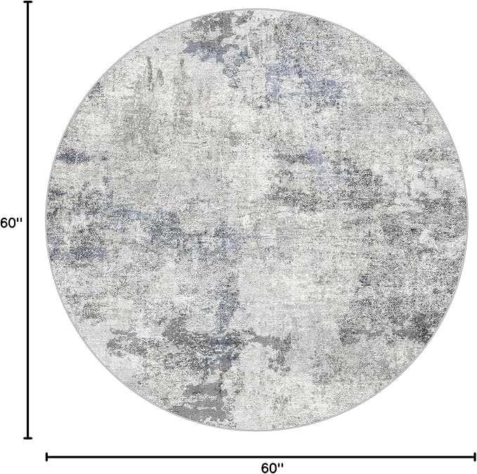 DMOYEST 5ft Round Area Rug for Living Room - 5x5 Washable & Non Slip Circle Rug, Kid & Pet Friendly Soft Low Pile Abstract Carpet for Bedroom and Dining Room - Grey Blue