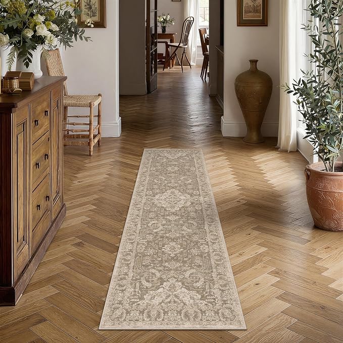 HUGEAR 2x6 Runner Rug Taupe Machine Washable Area Rug Room Decor Distressed Vintage Hallway Rugs Non Slip Carpet Low Pile Rugs for Kitchen Laundry Living Soft Lightweight