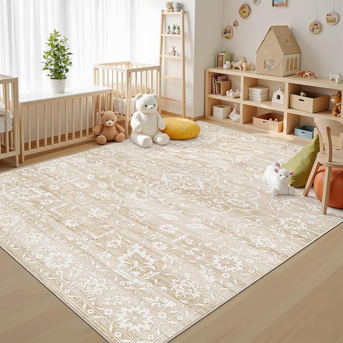 Soalmost 5x7 Area Rugs for Living Room, Washable Neutral Soft Rug Beige | Vintage Floral Non-Slip Low Pile Throw Large Carpet for Dining Room Bedroom Kitchen Home Office Nursery 5'x7'