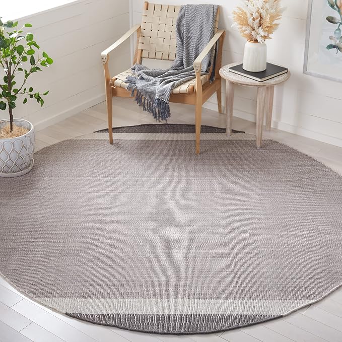 SAFAVIEH Montauk Collection Area Rug - 7' Round, Ivory & Grey, Handmade Flat Weave Boho Farmhouse Cotton Stripe Fringe, Ideal for High Traffic Areas in Living Room, Bedroom (MTK301A)