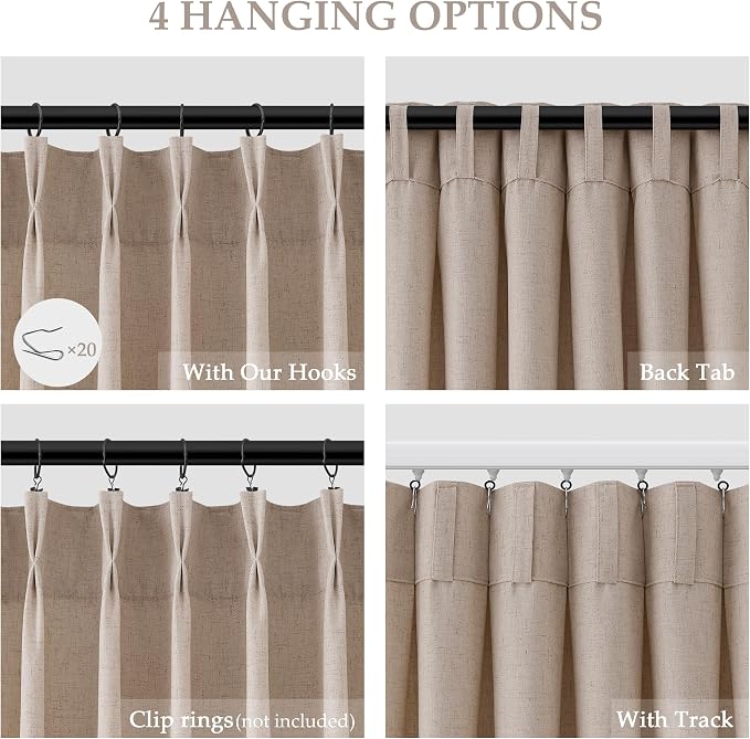 Aersas Sand Beige Linen Pleated Curtains 102 Inches Long for Living Room Pinch Pleat Drape Hooks Rings Back Tab Semi Sheer Light Filtering Curtain for Bedroom Sliding Patio Door 2 Panels 40x102