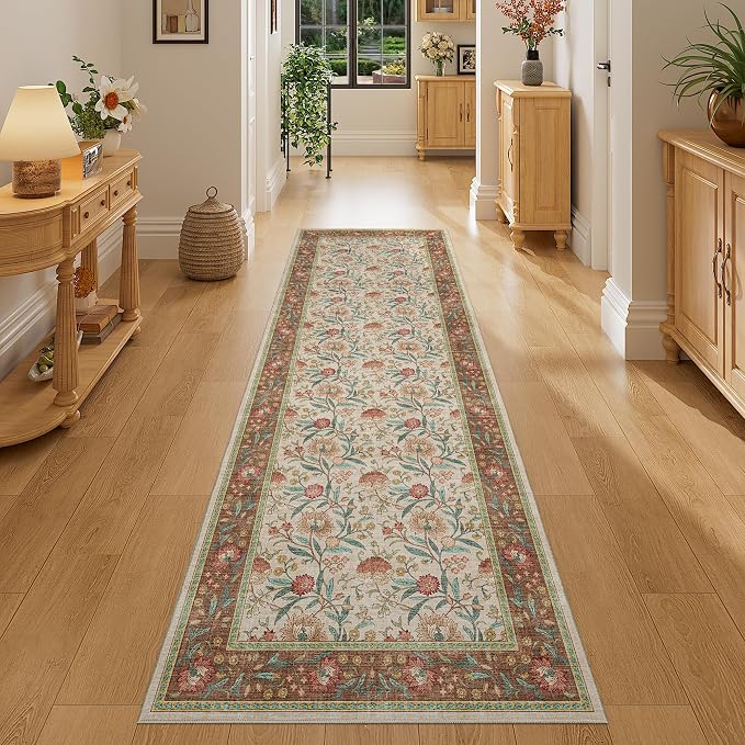 DUKINO 2x6 Runner Rug, Washable Vintage Floral Kitchen Rug, Brown | Non Slip, Low Pile, Non-Shedding, Stain Resistant Soft Carpet Runner for Hallway Bathroom Entryway Bedroom Laundry Farmhouse