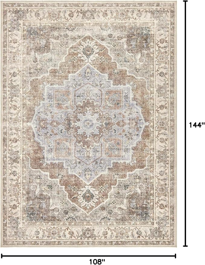 9x12 Washable Area Rug: Vintage Neutral Soft Non Slip Thin Large Floor Carpet for Living Room Bedroom Kitchen Dining Room Home Office Farmhouse Indoor - Grey Brown