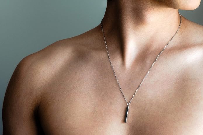 Petite Boutique Men's Vertical ID Name Bar Necklace Custom Personalized Engraved Pendant Meaningful and Stylish 16K Gold Silver Rose Gold Plated Gift for Men