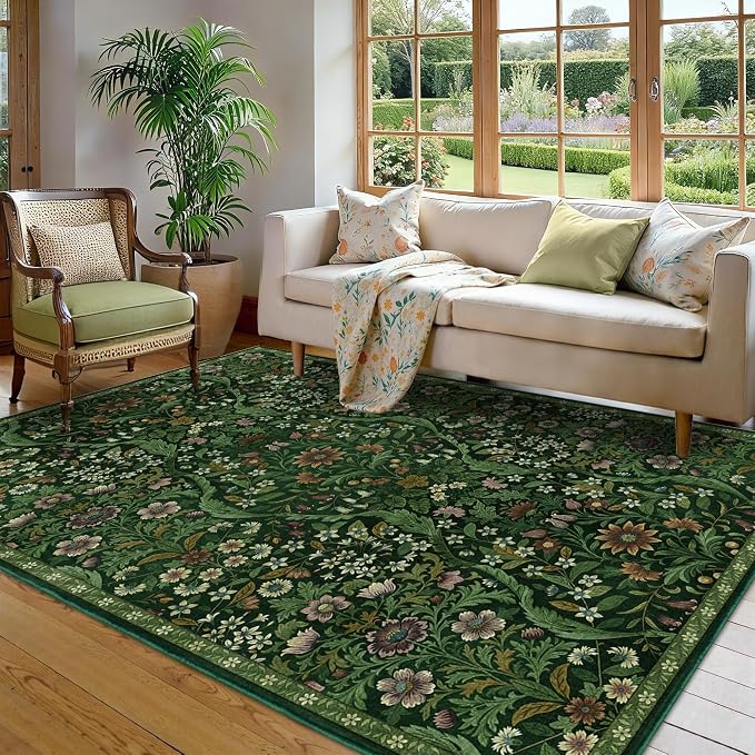 Floral Washable 6x9 Area Rug，Dark Green Boho Rugs for Living Room, Soft Low-Pile Non-Slip Stain Resistant & Non-Shedding Carpet for Bedroom, Dining Room, Office, Entryway, Nursery