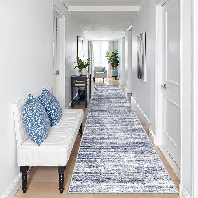 2x10 Runner Rug Non Slip,Washable Hallway Runner Rug,Blue | Long Neutral Rugs for Kitchen,Entryway,Bedroom,Bathroom,Laundry Room,Thin,Soft Runner Rug,Stain Resistant Indoor Carpet