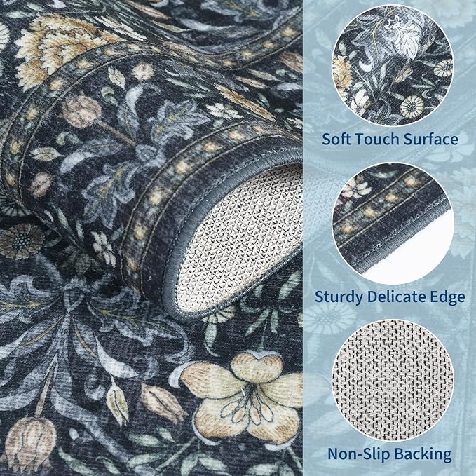 GarveeHome Washable Area Rug 6x9, Soft Vintage Floral Bedroom Rug Non Slip Low Pile Carpet Stain Resistant Throw Rug for Bedside Kids Room Office Dining Room