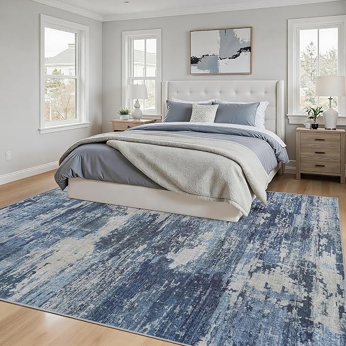 5x8 Area Rugs Living Room Rug Modern Abstract Neutral Washable Rugs Non Slip Soft Carpet Large Area Rug Low Pile Stain Resistant Non Shedding for Bedroom Nursery Dining Room Home Office Navy Blue