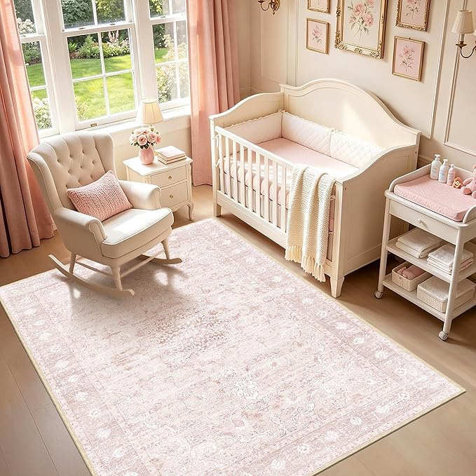 Pink Washable Rugs 5x7, Neutral Vintage Boho Carpet for Nursery | for Bedroom and Living Room, Low Pile Indoor Area Rug with Non-Slip Silicone Backing, Non-Shedding, Thin