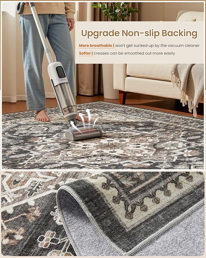 5x7 Vintage Area Rug: Washable Neutral Soft Non Slip Thin Large Floor Carpet for Living Room Bedroom Kitchen Dining Room Home Office Farmhouse Indoor - Black