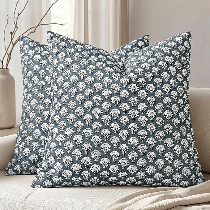 MIULEE Set of 2 Decorative Floral Pillow Covers Neutral Vintage Throw Pillows Block Print Boho Farmhouse Cushion Covers for Modern Spring Home Decor Couch Sofa Bed Living Room, 18x18 Inch, Dusty Blue