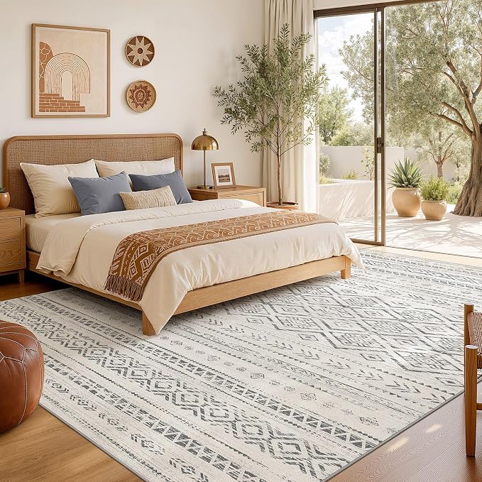 Nakagishi Area Rug Living Room Rugs: 10x12 Large Soft Machine Washable Boho Moroccan FarmNeutral Stain Resistant Indoor Floor Carpet for Bedroom Under Dining Table Home Office Decor-Grey
