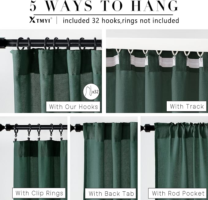 XTMYI Dark Green Curtains for Bathroom Set Decor,Linen Sheer Leaf Green Boho Curtains for Kitchen 63 Inch Length 2 Panels,Deep Pine