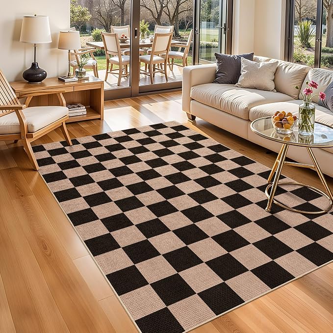 4x6 Jute Area Rug Washable: Non-Slip Indoor Floor Mat for Entryway Kitchen | Plaid Rugs for Living Room Dining Room Bedroom - Thin Low Pile Braided Woven Carpet Durable Farmhouse Style Decor (Black,4x6)