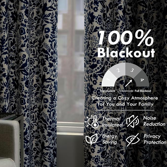 DriftAway Julia 100% Blackout Curtains Grommet 2 Panels, W52xL108, Navy | Floral Curtains, Bedroom, Living Room, Linen Blend, Watercolor Pattern, 2 Layers, Thermal Insulated, Window Treatment