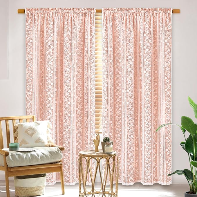 ASPMIZ Linen Curtains for Living Room Double Layers Curtains for Bedroom Farmhouse Window Curtain with Linen Lace, Light Filtering Curtain 63 Inch Length, Rod Pocket Drapes with 2 Tiebacks, Orange