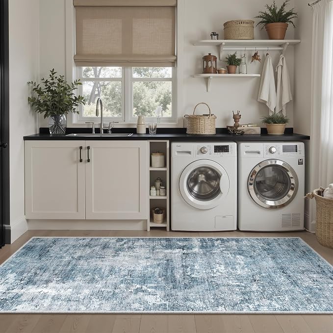 Soalmost Runner Rug 2x5 Washable Non-Slip Kitchen Runner Rugs for Bathroom Laundry Room Blue/Grey Vintage Floor Carpet Runners for Hallway Entryway
