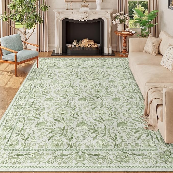 DUKINO 8x10 Area Rug Vintage Floral Washable Rug for Living Room Sage Green | Non Slip, Low Pile, Non-Shedding, Stain Resistant Boho Soft Indoor Large Carpet for Bedroom Dining Room Farmhouse, Home Decor