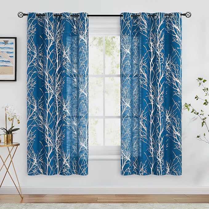 FMFUNCTEX Linen Silver Navy Blue Semi Sheer Print Curtains 63 Inch 2 Panels | Metallic Branch Sheer Patterned Drapes, Light Filtering Grommet Panels for Modern Farmhouse Bedroom and Living Room Style