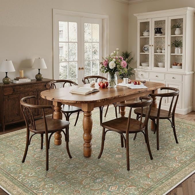 BESBLEE 4X6 Area Rugs Machine Washable Rugs for Living Room, Vintage Boho Large Rugs for Bedroom Dining Room, Non Slip Indoor Soft Distressed Lightweight Thin Low Pile Carpet, Deep Green