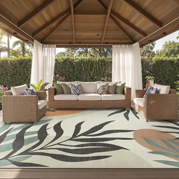 GENIMO 10x14 Outdoor Rug, Washable Quick Dry for Patio, Beige Olive | Botanical leaf design for gazebo; lightweight chenille with quick-dry non-slip backing for indoor living spaces.