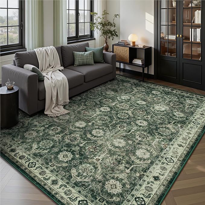6x6 Square Area Rug, Soft Non Slip Low Pile Washable Rug, Boho Modern Area Rug for Living Room，Bedroom, Laundry Room, Dark Green/Beige