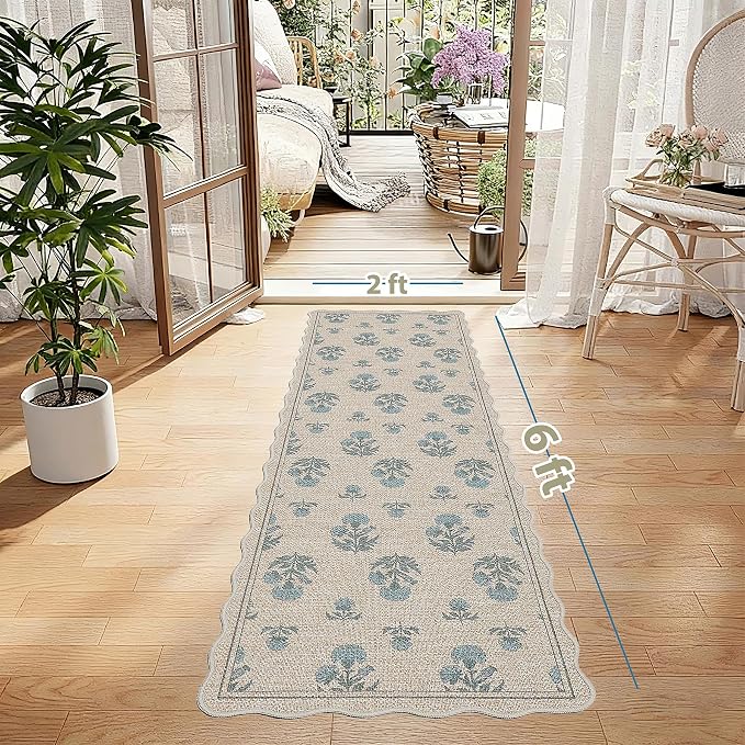 ORTIGIA Scalloped Easy Jute 2x6 Kitchen Runner Rug Vintage Blue Floral Farmhouse Washable Rug Non-Slip Outdoor Carpet for Entryway Indoor Hallway Patio Laundry Room