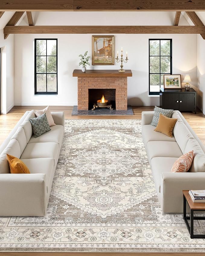 8x10 Vintage Area Rug: Washable Neutral Soft Non Slip Thin Large Floor Carpet for Living Room Bedroom Kitchen Dining Room Home Office Farmhouse Indoor - Brown