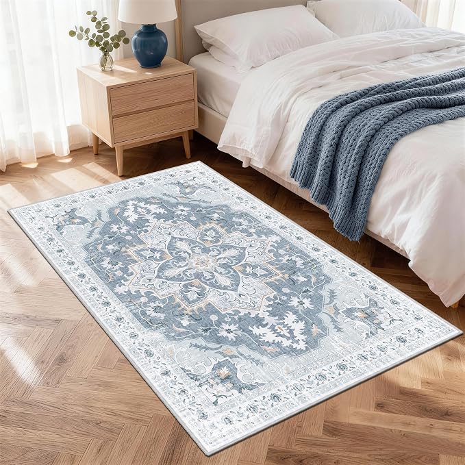 4x6 Area Rug, Soft Non-Slip Vintage Medallion Rug, Low-Pile Printed Indoor Washable Area Rugs for Living Room, Bedroom Bedside, Entryway, Kitchen -Blue/Gray | Low-Pile Printed Indoor Washable Area Rugs for Living Room, Bedroom Bedside, Entryway, Kitchen