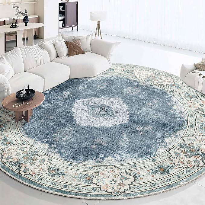 MUJOO Blue Round Rug 9ft,Circle Washable Area Rug Non Slip Low-Pile Floral | Large Circular Rugs for Living Room Bedroom Dining Room Boho Throw Carpet Soft Floor Indoor Vintage Flowers Blue and Grey