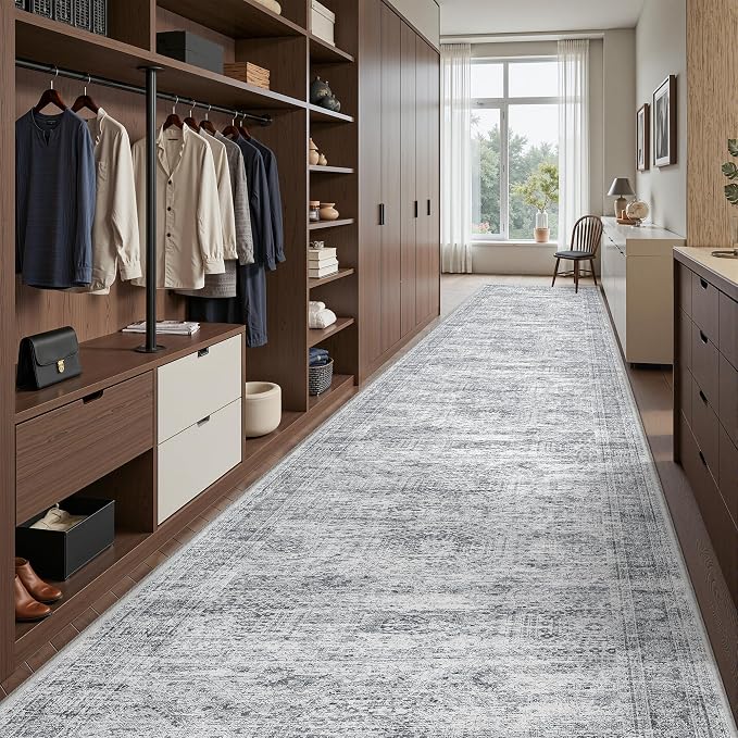 3x14 Runner Rug Non Slip,Washable Hallway Runner Rug,Grey | 14 ft Runner Rug for Hallway,Entryway,Bedroom,Living Room,Thin,Soft, Extra Long Rug,Stain Resistant Indoor Carpet