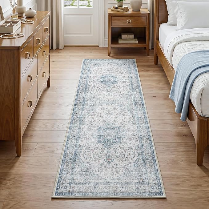 FMFUNCTEX 2x6 Hallway Runner Rug Blue Vintage Washable Distressed Oriental Non Slip Low Pile Neutral Indoor Carpet Retro Antique Thin Entryway Rug for Kitchen Bedroom Bedside Laundry Entry Bathroom