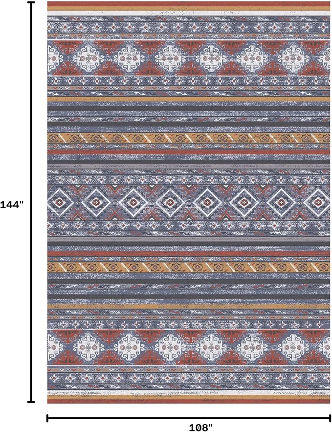 RUGSURE Washable Area Rugs 9' x 12' - 1/6 Thick - Moroccan-Inspired -Stain & Water Resistant Non-Slip - Resistant Rug for Living Room, Bedroom, Nursery, Pet & Child Friendly (Blue and Red)