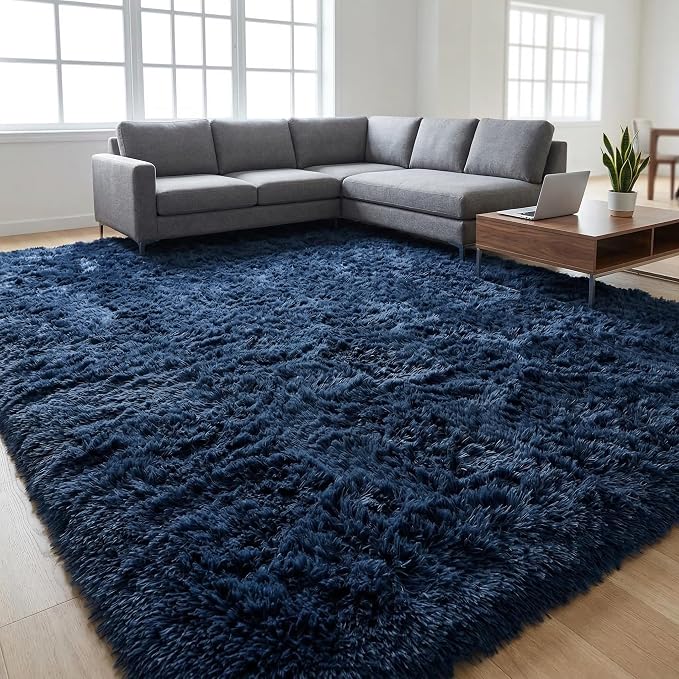 Fluffy Rugs for Living Room: Navy Blue Soft Shag Rug for Bedroom, Large Fuzzy Plush Indoor Carpet Non Slip Modern Rug for Nursery Kids Room Dorms Office Home Decor, 9x11 Feet