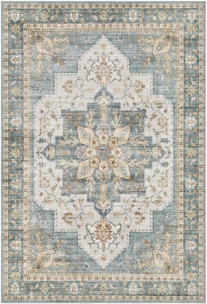 Tortania Area Rug 2x3 Doormat - Washable Vintage Oriental Farmhouse Soft Thin Indoor Carpet for Living Room Bedroom Hallway Entryway Kitchen - Muted Teal