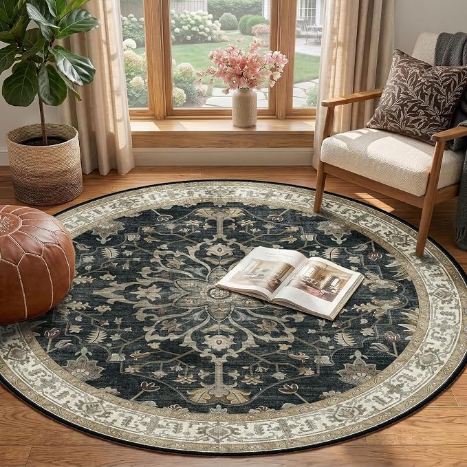 RELEANY Area Rugs Round 4ft Washable Non-Slip, Floral Vintage Distress Medallion Carpet for Living Room Bedroom Dining Room, Vintage Black Brown Neutral