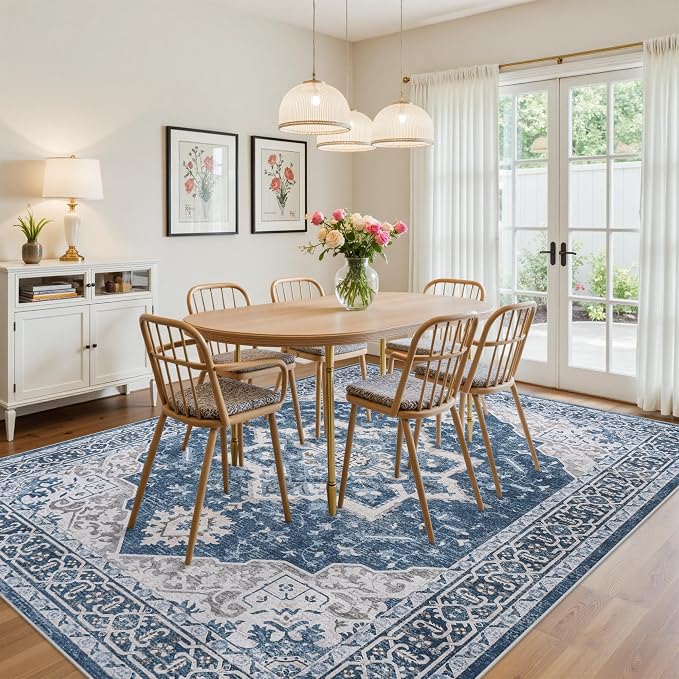 8x10 Area Rugs for Living Room:Blue Washable Vintage Medallion Boho Rug Non-Slip No Slip Stain Resistant Soft Low Pile Large Rugs Indoor Retro Carpet for Bedroom Nursery Dining Office (Blue 8'x10')