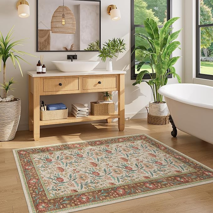 DUKINO 3x5 Rug, Washable Vintage Floral Bedroom Area Rug Non Slip, Brown | Low Pile, Non-Shedding, Stain Resistant Boho Lightweight Soft Indoor Carpet for Bathroom Office Dining Living Room Farmhouse