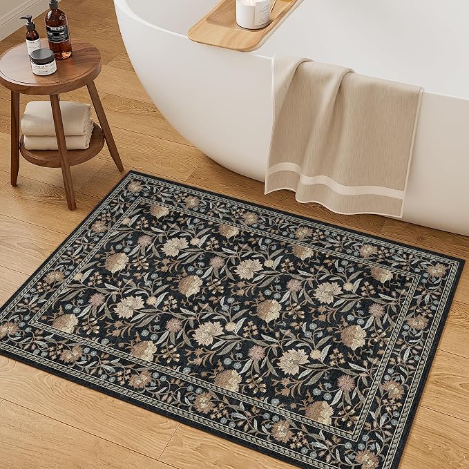DUKINO 2x3 Rug, Washable Vintage Floral Bathroom Rugs Non Slip, Black | Low Pile, Stain Resistant Boho Soft Indoor Door Mat, Small Front Door Carpet for Entryway Kitchen Laundry Bedroom Farmhouse
