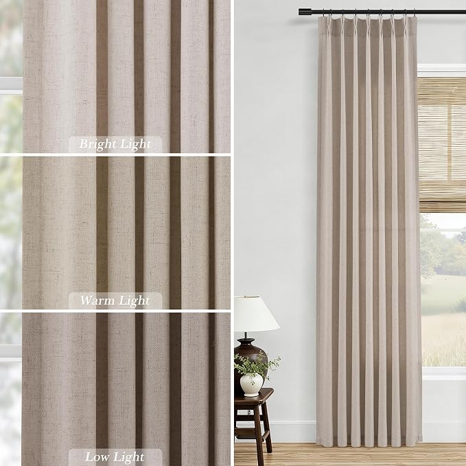 Taupe Burlywood Pleated Linen Curtains 90 Inches Long for Living Room Dining 2 Panels Pinch Pleat Drapes Hooks Rings Rustic Farmhouse Light Filtering Semi Sheer 90 Inch Curtain for Bedroom Tan Beige