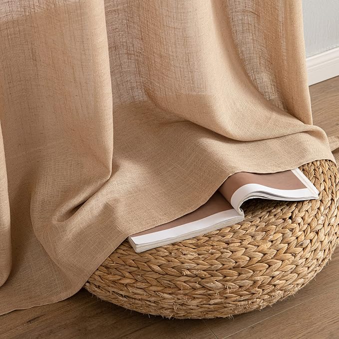 MIULEE Light Brown Short Linen Curtains 45 Inch Length 2 Panels for Kitchen Bedroom Bathroom, Soft Thick Linen Textured Basement Window Drapes Semi Sheer Light Filtering Back Tab Burlap Look Decor