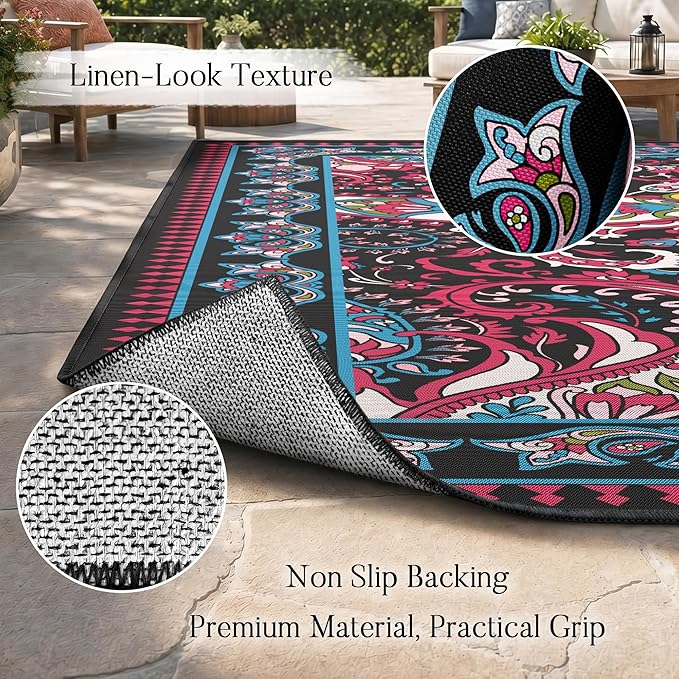 Arenarug Paisley Outdoor Rug Waterproof 9x12, UV Resistant Non Slip Patio Rug, Indoor Outdoor Boho Camping Rug Linen-Look RV Carpet for Deck Balcony Backyard, Magenta‌