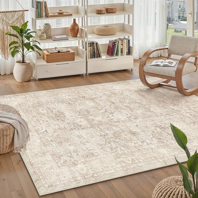 3x4 Beige Washable Area Rug for Living Room Bedroom Neutral Soft Non Slip Rug Low Pile Vintage Distressed Carpet for Dining Room Nursery Office Indoor