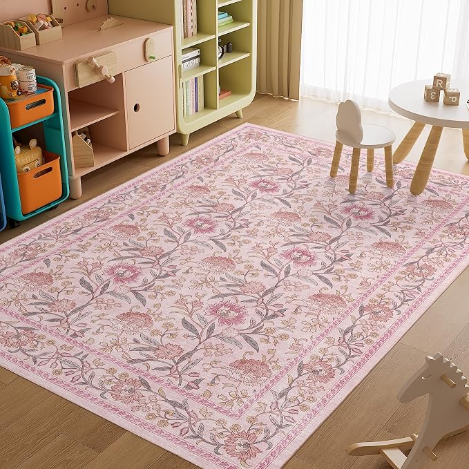 DUKINO 6x9 Area Rug, Vintage Floral Washable Rugs for Living Room, Pink | Non Slip, Low Pile, Non-Shedding, Stain Resistant Soft Large Carpet for Bedroom Home Office Dining Room Farmhouse, Home Decor