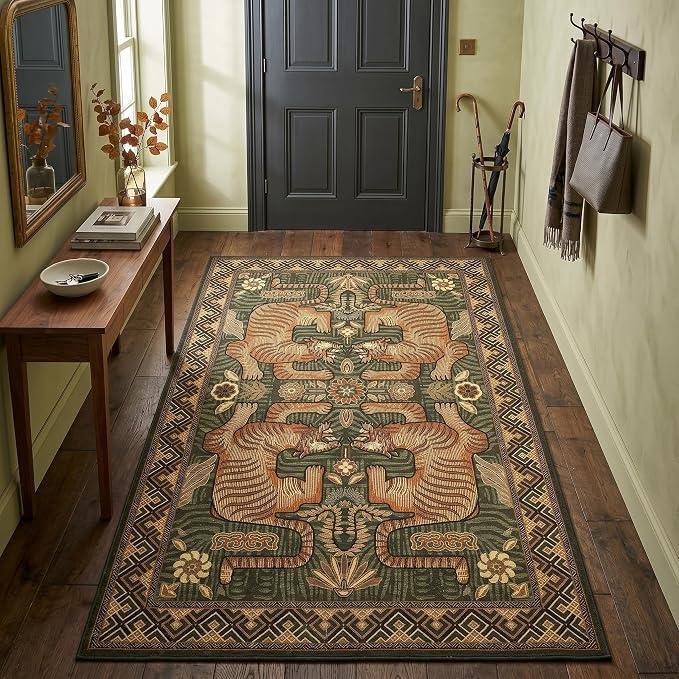GarveeHome 3x5 Tiger Washable Area Rug for Entryway, Boho Green Bedroom Rug Non Slip Vintage Tribal Soft Animal Print Carpet Stain Resistant Throw Rug for Kitchen Dorm Kids Room Office Dining Room