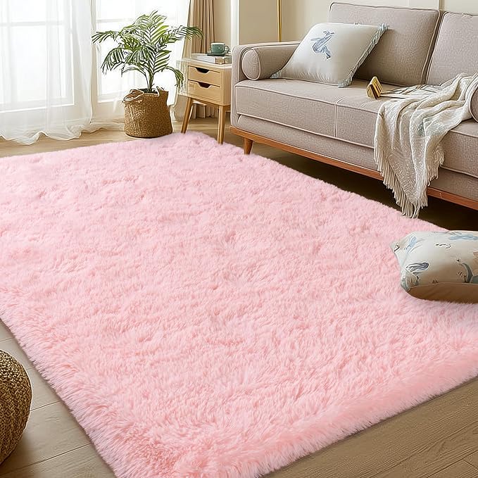 Pink Rugs for Bedroom Girls, 4x5.9 Shag Carpet for Living Room | Non Slip Shag Area Rugs, Soft and Comfy, Fuzzy Bedside Carpet for Nursery and Kids Room, Girl, Boys Dorm Home Decor