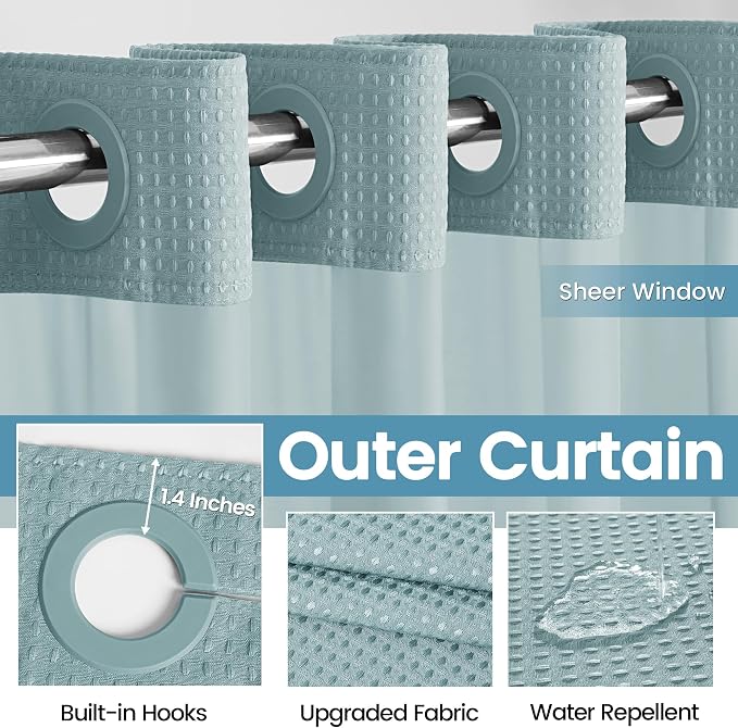 EUTXL Heavyweight Fog Blue Long No Hook Shower Curtain with Snap in Liner,256GSM Waffle Weave Shower Curtains for Bathroom,71W x 86H