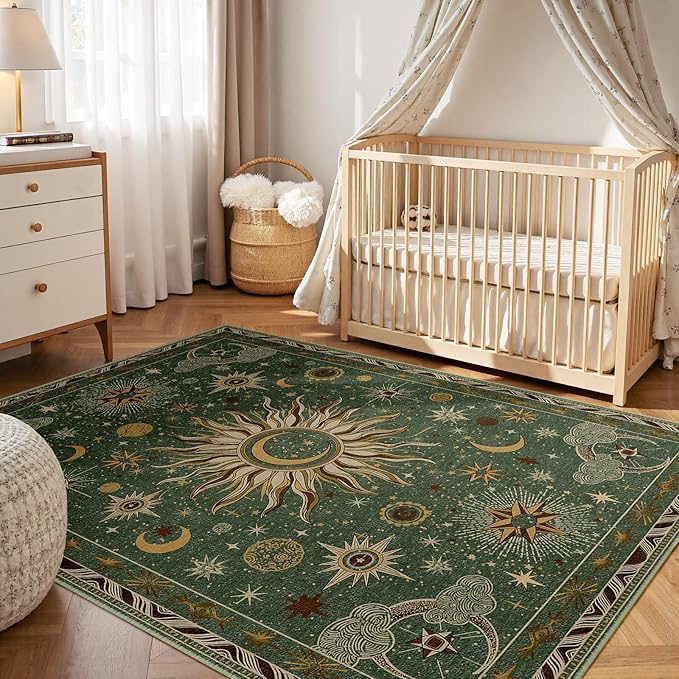 Vacuum-Friendly, 6x9 Washable Area Rug, Green Brown | Sun and Moon Boho Gothic Non-Slip Low Pile Living Roon Bedroom Dining Room Kitchen Entry Entryway Entrance Hallway Doormat