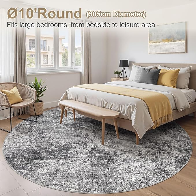 DMOYEST 10ft Round Area Rug Living Room Rugs - 10x10 Washable Circle Rug Large Soft Indoor Neutral Modern Abstract Low Pile Carpet for Bedroom Dining Room Farmhouse Home Office - Grey